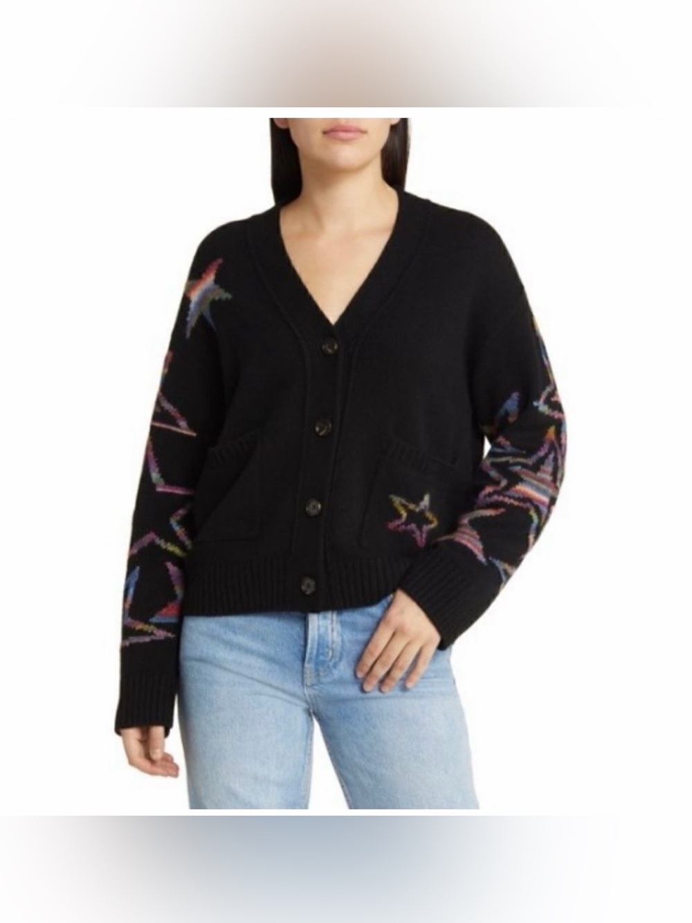 Rails REESE RAINBOW STARS Wool Cashmere Blend Black V-Neck Button Cardigan Sz M